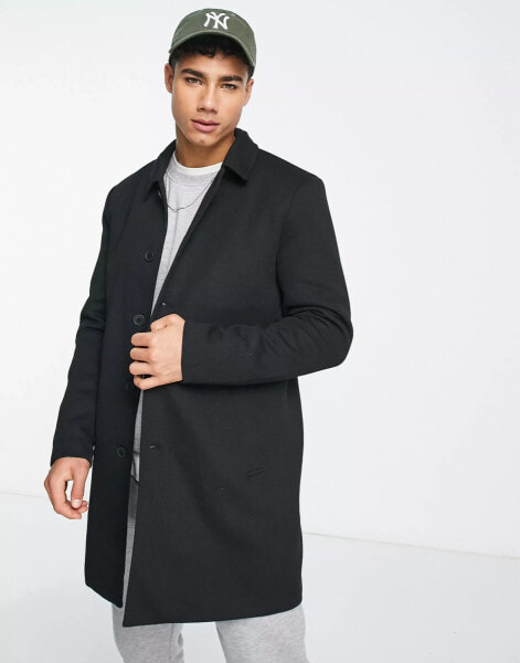 ONLY & SONS smart jersey overcoat in black