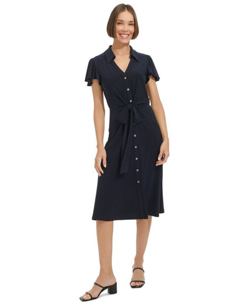 Women's Button-Front Tie-Waist Flutter-Sleeve Dress