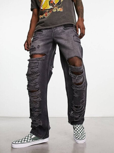 ASOS DESIGN baggy jeans with shredded detail in black