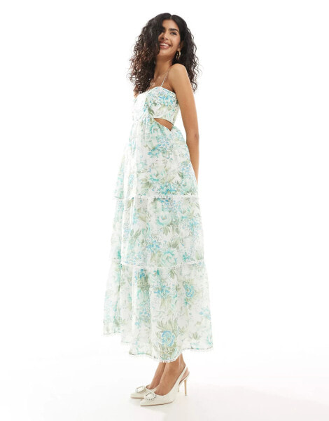 Forever New tiered midaxi dress in green and blue floral