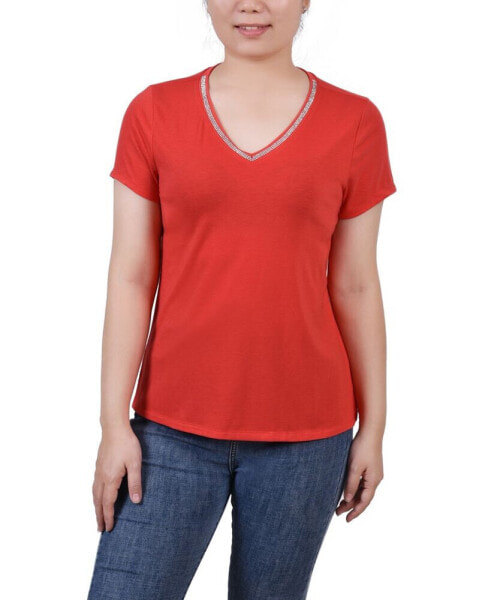 Women's Short Sleeve Top with Stone Details