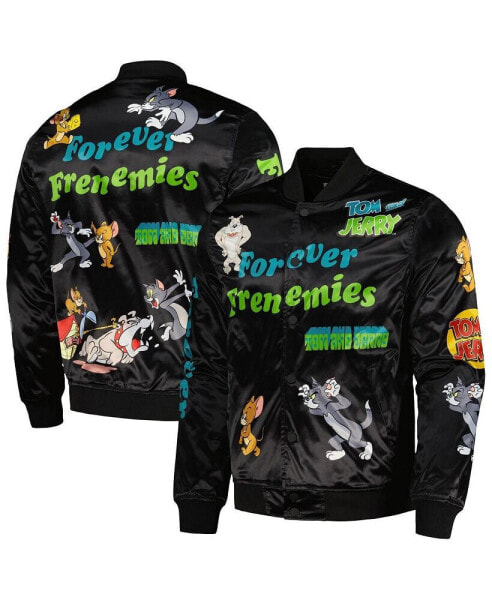Men's Black Tom and Jerry Graphic Satin Full-Snap Jacket