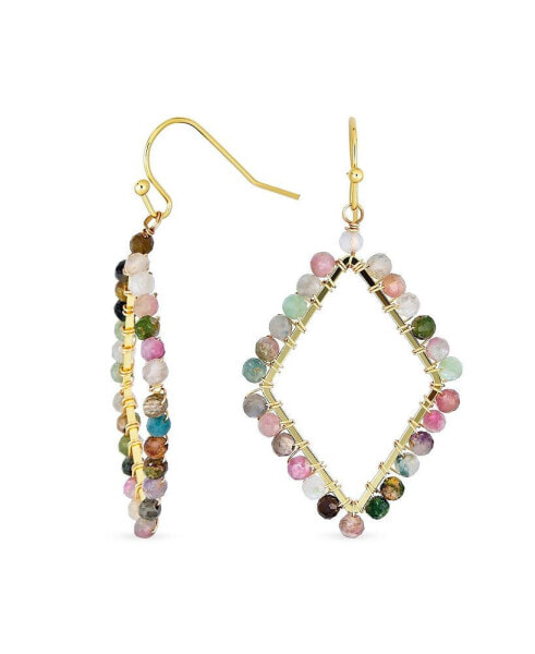 Geometric Wire Wrap Cluster Linear Fish Hook Multi Color Natural Fluorite Long Lightweight Rhombus Shape Dangle Earrings For Women Gold Plated