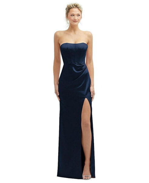 Strapless Topstitched Corset Satin Maxi Dress with Draped Column Skirt