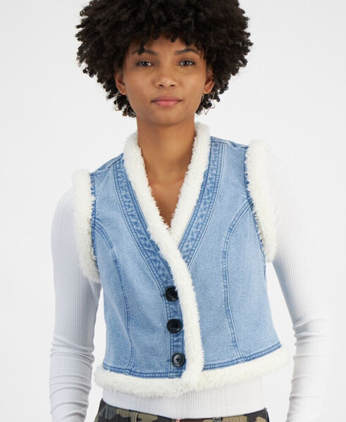 Juniors' Denim Sherpa Lined Vest