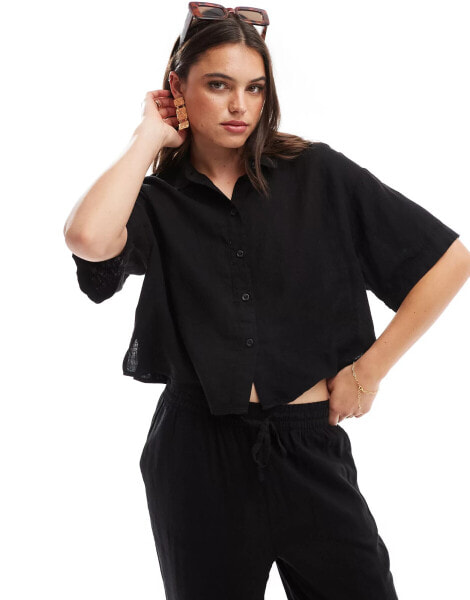 Vero Moda mix and match linen boxy short sleeved shirt in black