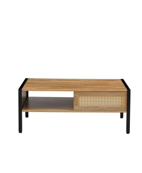 Modern Rattan Coffee Table with Sliding Door Storage