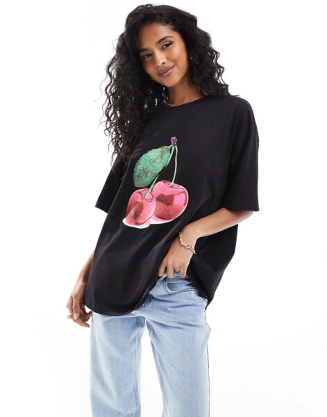 ASOS DESIGN oversized t-shirt with cherry graphic in black