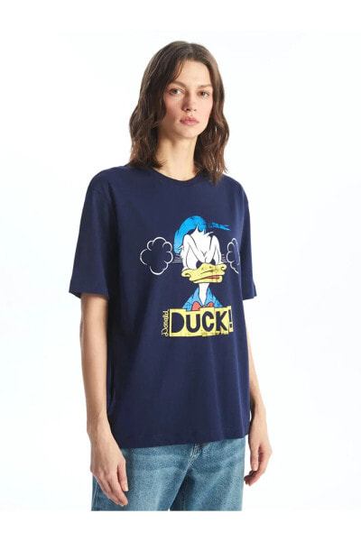 LC WAİKİKİ Bisiklet Yaka Donald Duck Baskılı Kısa Kollu Oversize Kadın Tişört