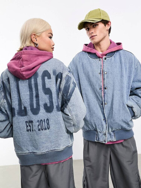 COLLUSION Unisex oversized denim bomber with branding in blue