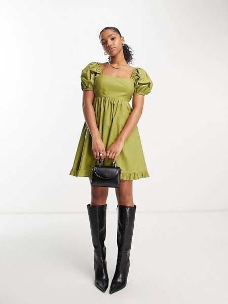 Miss Selfridge poplin babydoll smock dress in olive