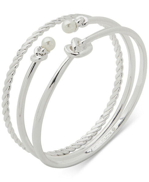 Silver-Tone 3-Pc. Set Knot & Imitation Pearl Bangle Bracelets