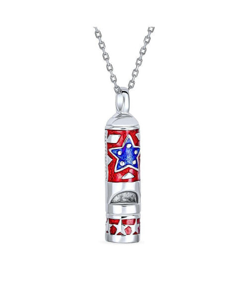 Bling Jewelry back to School Red White Blue Enamel American USA Patriotic Red White Blue Star Flag Whistle Necklace Pendant for Teens Women Rhodium Plated Brass