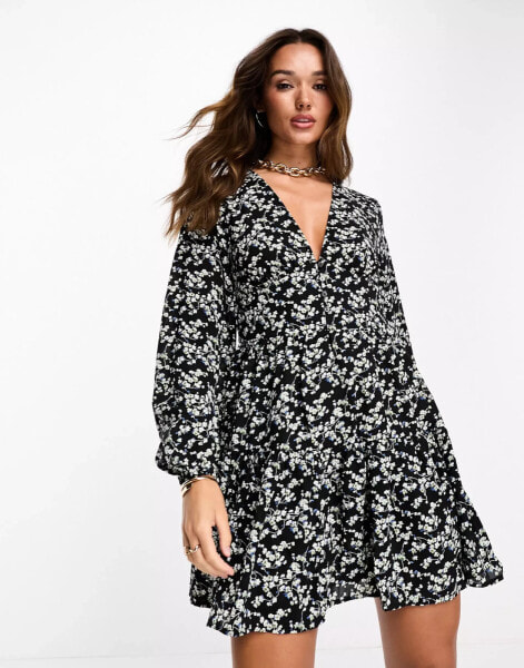 Vila button detail midi dress in black ditsy floral