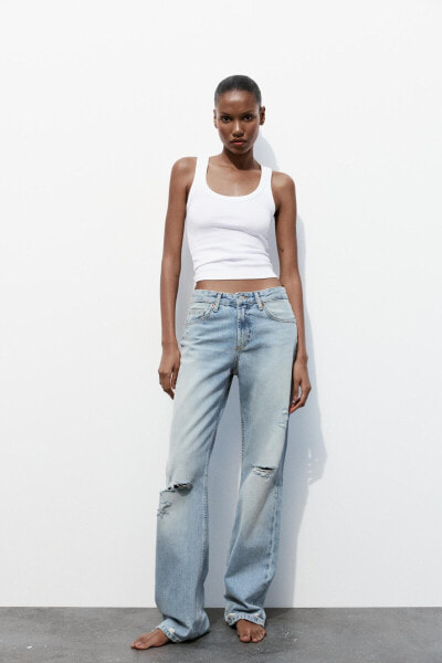 Trf wide-leg mid-rise full-length ripped jeans