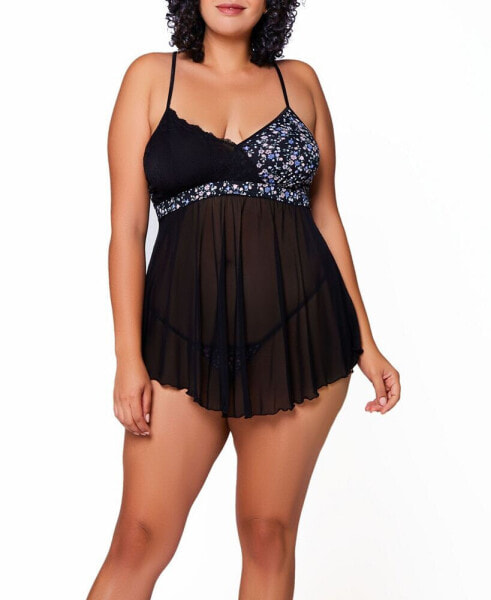 Plus Size Jasmine Lace , Floral Print and Mesh Baby Doll