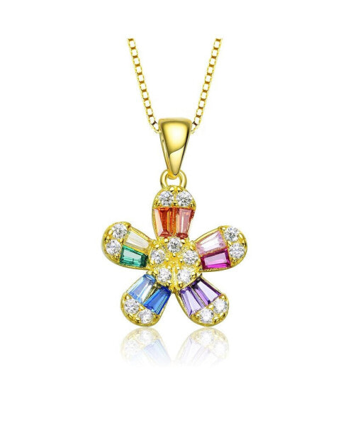 Sterling Silver with Gold Plated Multi Color Baguette Cubic Zirconia Flower Style Pendant Necklace