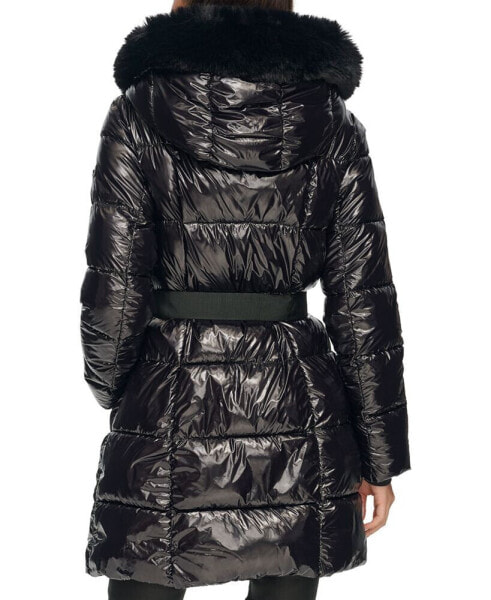DKNY Hooded Faux-Fur-Trim Belted Down Puffer Coat - ShopStyle