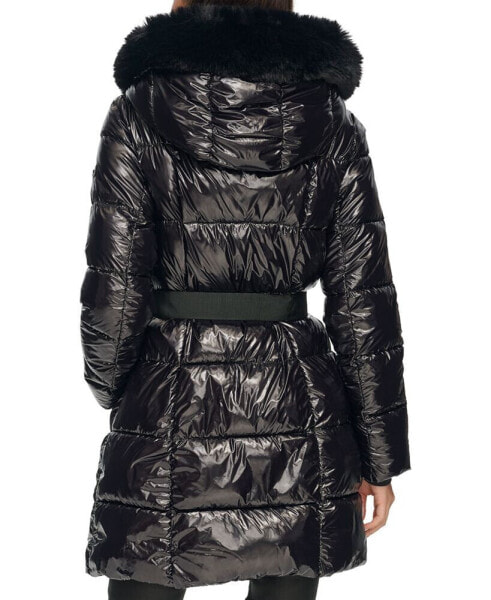 Women's Belted Faux-Fur-Trim Hooded Puffer Coat куртки V95109723Размер: XS  купить по выгодной цене от 25757 руб. в интернет-магазине   с доставкой