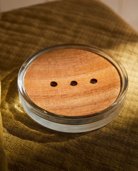 Glass and wood bathroom soap dish