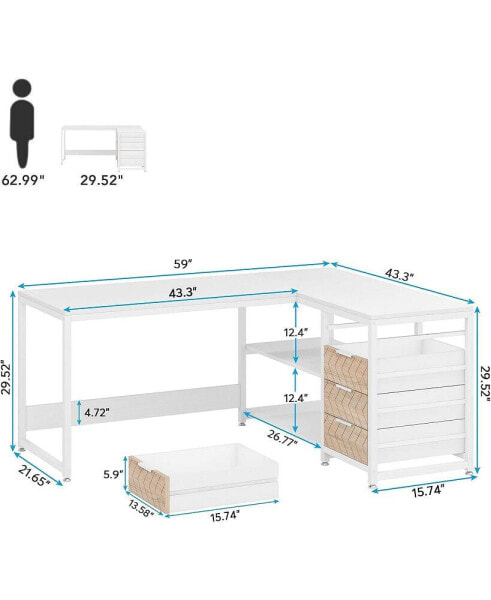 L Shaped Computer Desk with Storage Drawers, 59 inch Corner Desk with Shelves, Reversible L-Shaped Office Desk Study Writing Table Workstation for Home Office