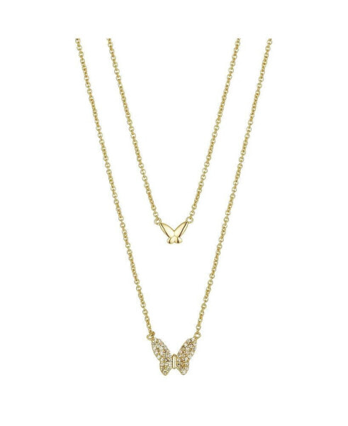 Gold Flash Plated Polished and Cubic Zirconia Butterfly Layer Necklace, 16" + 2" Extender