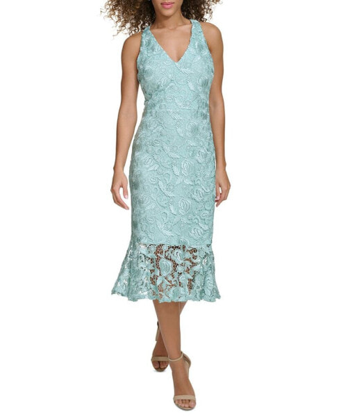 Women's Floral-Lace Flounce-Hem Midi Dress