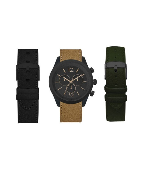 Men's Analog Black Strap Watch 44mm with Black, Light Cognac and Olive Camo Interchangeable Straps Set
