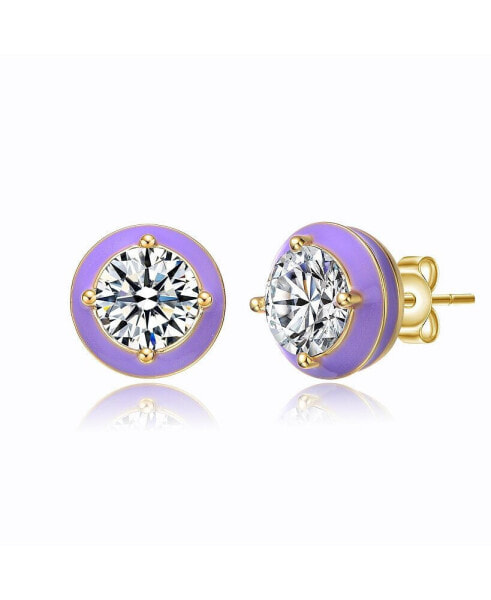 Young Adults/Teens 14k Yellow Gold Plated with Cubic Zirconia Purple Enamel Round Halo Stud Earrings