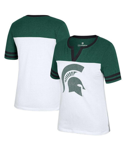 Women's White, Heather Green Michigan State Spartans Frost Yourself Notch Neck T-shirt