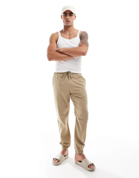 Pull&Bear linen look cuffed hem trousers in sand