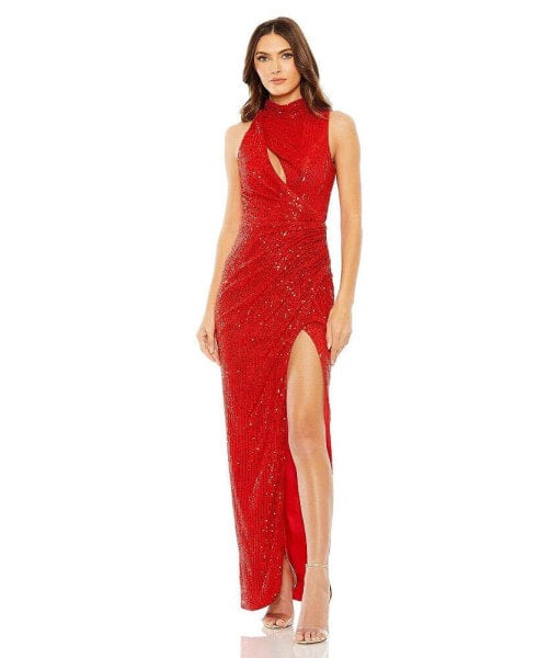 Women's Sleeveless High Neck Gathered Waist Sequin Gown