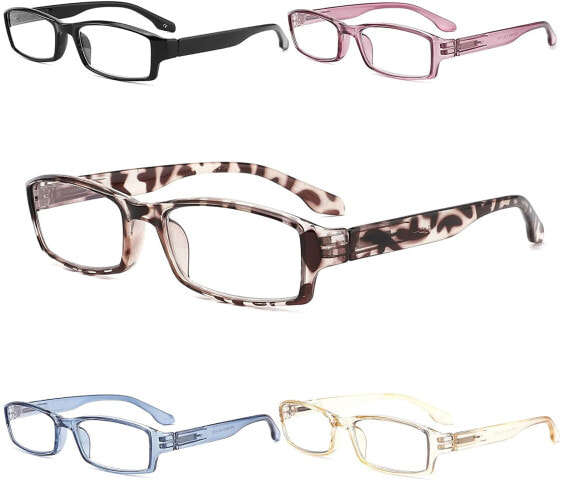 Yuluki Pack of 5 Reading Glasses Blue Light Blocking Visual Aid for Women Men Lightweight Rectangle Glasses Spring Hinge