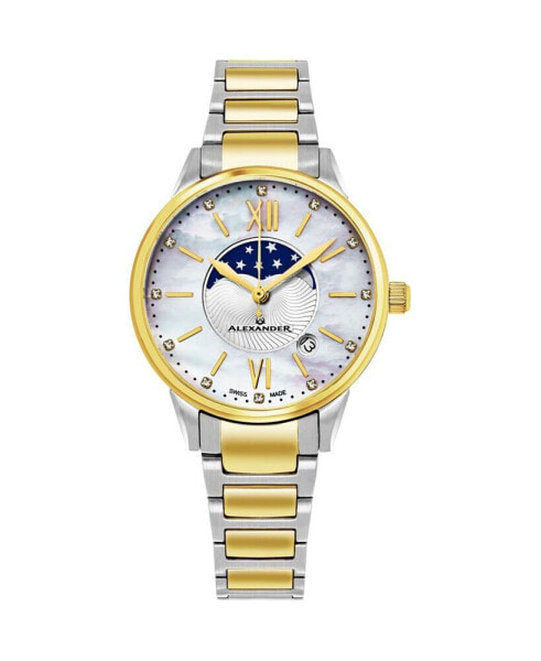 Alexander Watch AD204B-04, Ladies Quartz Moonphase Date Watch with Yellow Gold Tone Stainless Steel Case on Yellow Gold Tone Stainless Steel Bracelet