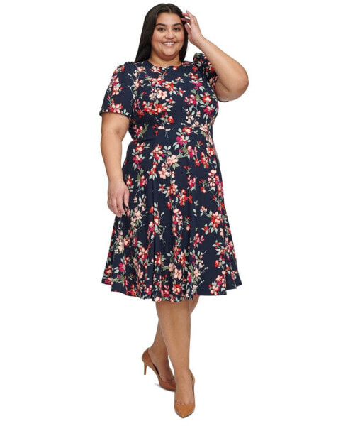 Plus Size Printed Fit & Flare Short-Sleeve Dress