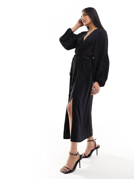 & Other Stories  ruched midaxi dress with volume sleeves in black