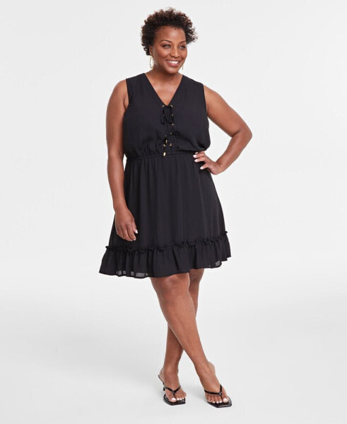 Plus Size Solid Sleeveless Tie-Front Elastic-Waist Tiered Dress, Created for Macy's