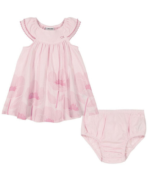 Baby Girls Crinkle Jacquard Border Print Dress and Diaper Cover Set