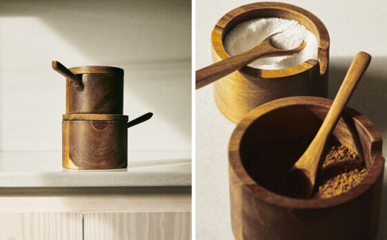 Wooden sugar bowl with spoon