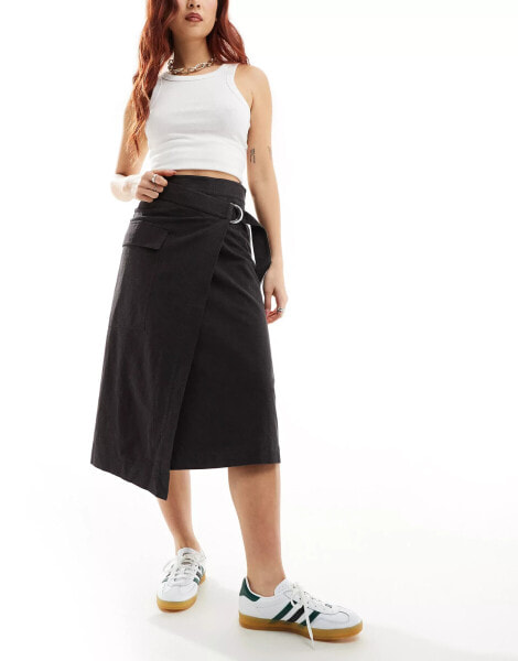 & Other Stories utility asymmetric wrap midi skirt with pocket detail in black