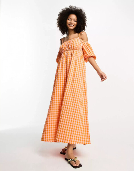 ASOS DESIGN off shoulder cotton maxi dress with ruched bust detail in pink and orange gingham