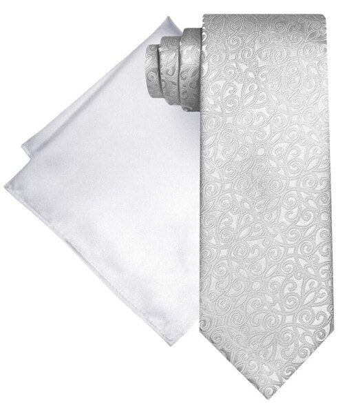 Men's Ornate Textured Tie & Solid Pocket Square Set