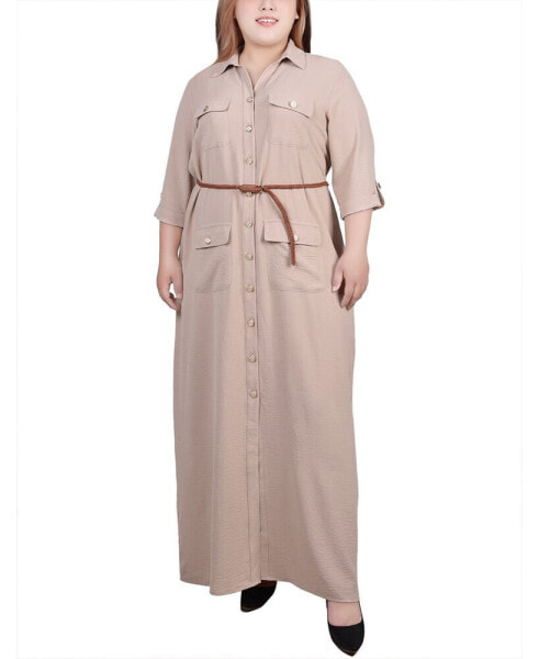 Plus Size 3/4 Sleeve Safari Style Belted Shirt Dress