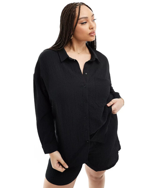 Noisy May Curve oversize shirt co-ord in ripple texture black