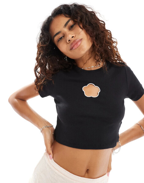 Noisy May cropped baby tee with flower cut out in black