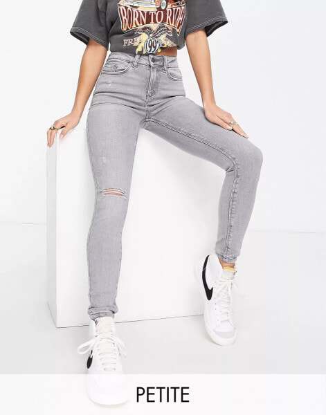 Noisy May Petite Callie high waisted ripped knee skinny jeans in grey