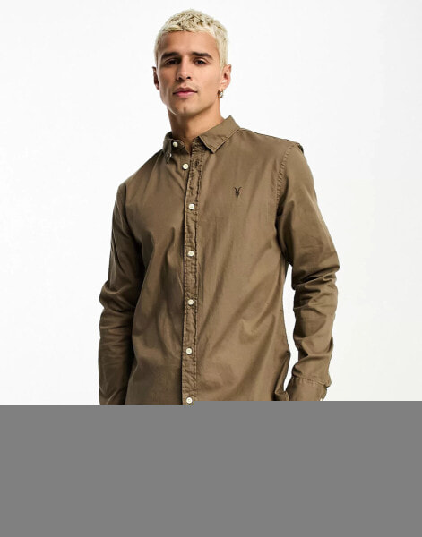 AllSaints Hawthorne stretch fit shirt in wood brown