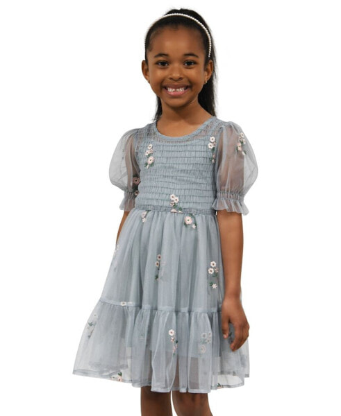 Toddler & Little Girls Embroidered-Mesh Puff-Sleeve Dress