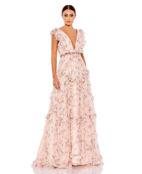 Women's Women's Ieena Ruffled Floral Print Cap Sleeve Gown