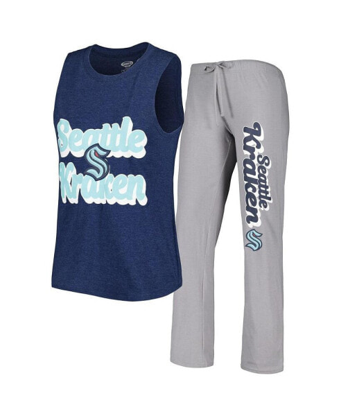 Women's Deep Sea Blue, Gray Seattle Kraken Meter Muscle Tank Top and Pants Sleep Set